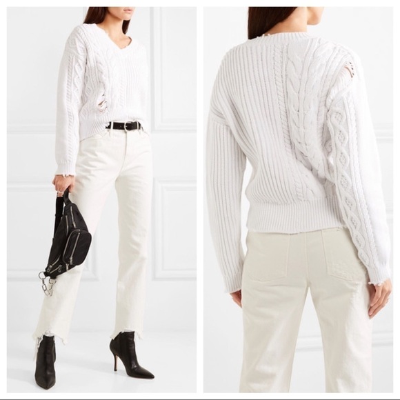 RTA Echo Cable-Knit Dropped Shoulder Distressed V Neck Pullover‎ Sweater - Picture 1 of 11